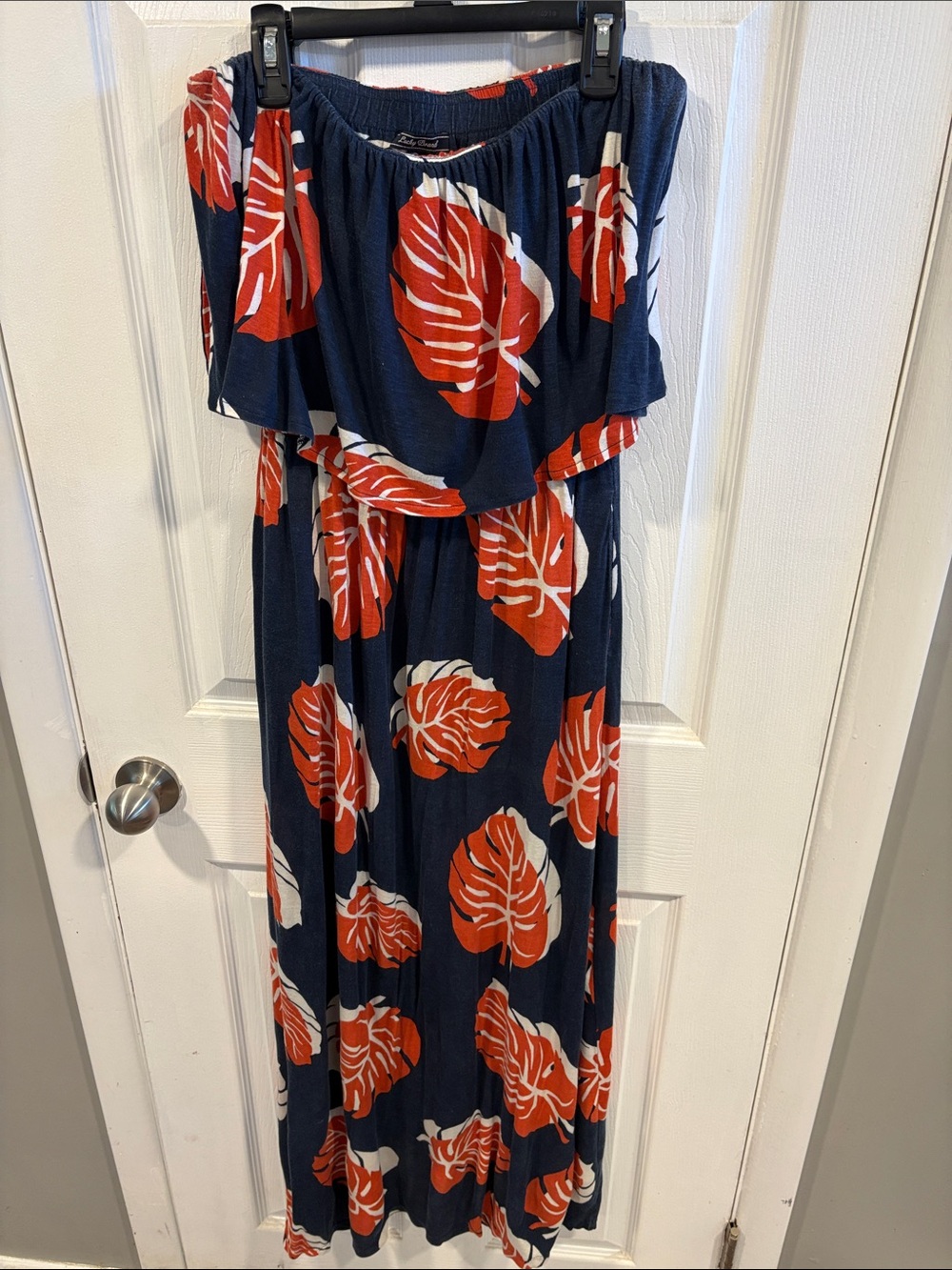Lucky Brand Navy Maxi Tube Top Dress with Bold Orange Leaf Print Size Medium